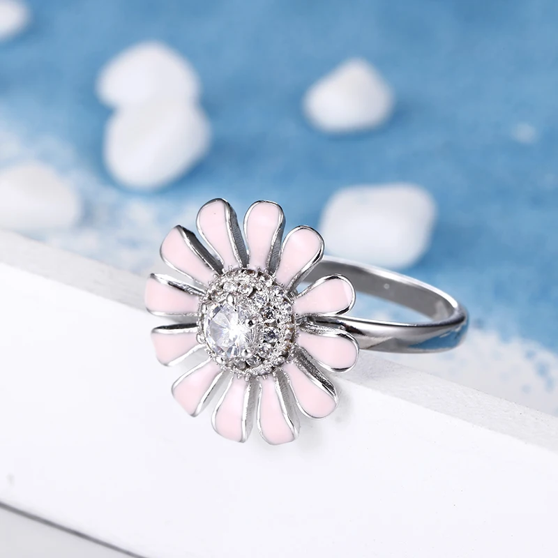 

Fashion Rotatable Pink Sunflower Shiny Crystal Platinum Plated Ladies Party Ring Jewelry Female Birthday Gifts No Fade