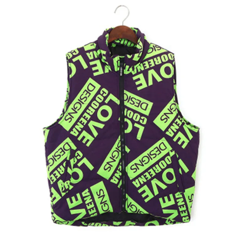 Women's Vest Black L Letter Printed Casual Winter Vests for Women Sleeveless Jacket Mandarin Collar Harajuku Female Vest 60B0030 - Цвет: Green