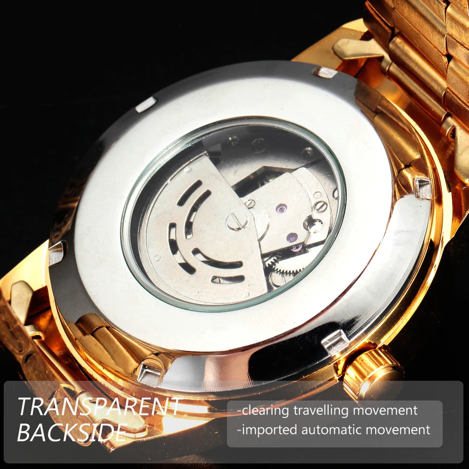 Мужские автоматические механические часы SEWOR золотые полностью из нержавеющей