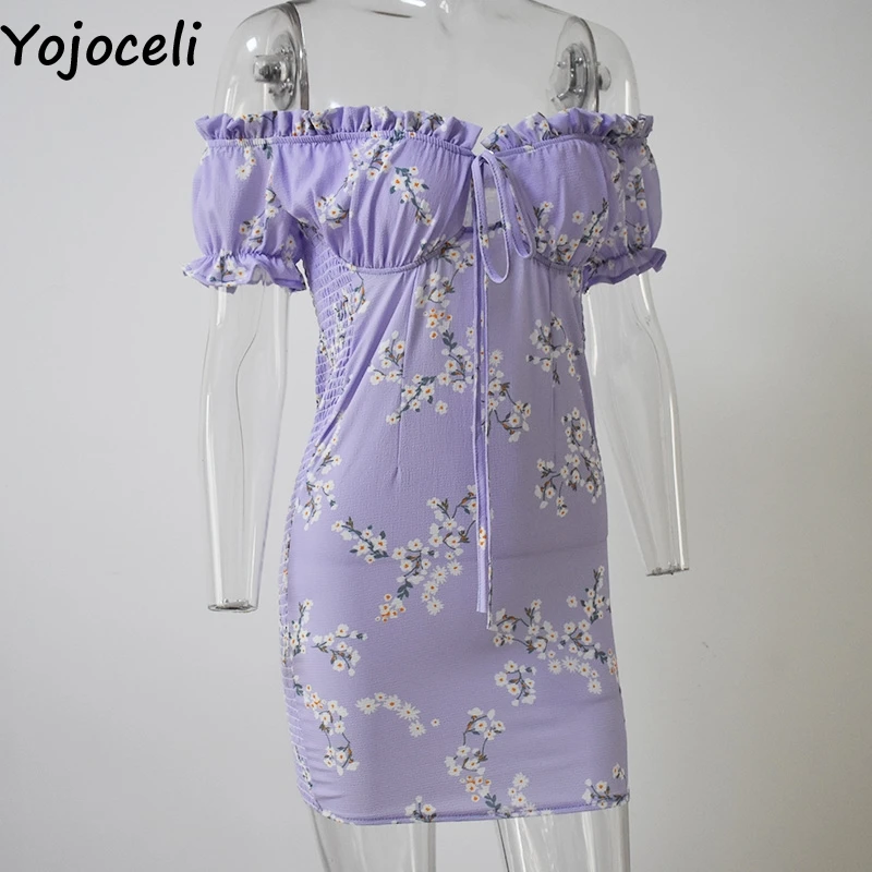 Yojoceli, сексуальное облегающее платье с открытыми плечами и рюшами, для женщин, летние, короткие, вечерние, Пляжное Платье, женское, vestidos, элегантное, повседневное, мини-платье