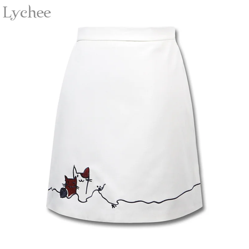 White Lychee Летняя женская юбка с вышивкой в виде кота, Милая Сексуальная элегантная однотонная мини-юбка с вышивкой, Женская мини-юбка - Цвет: White