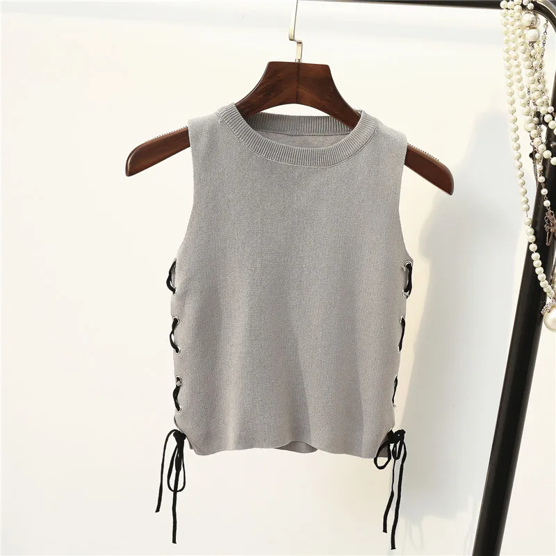 Женская футболка на шнуровке повседневная трикотажная без рукавов с круглым