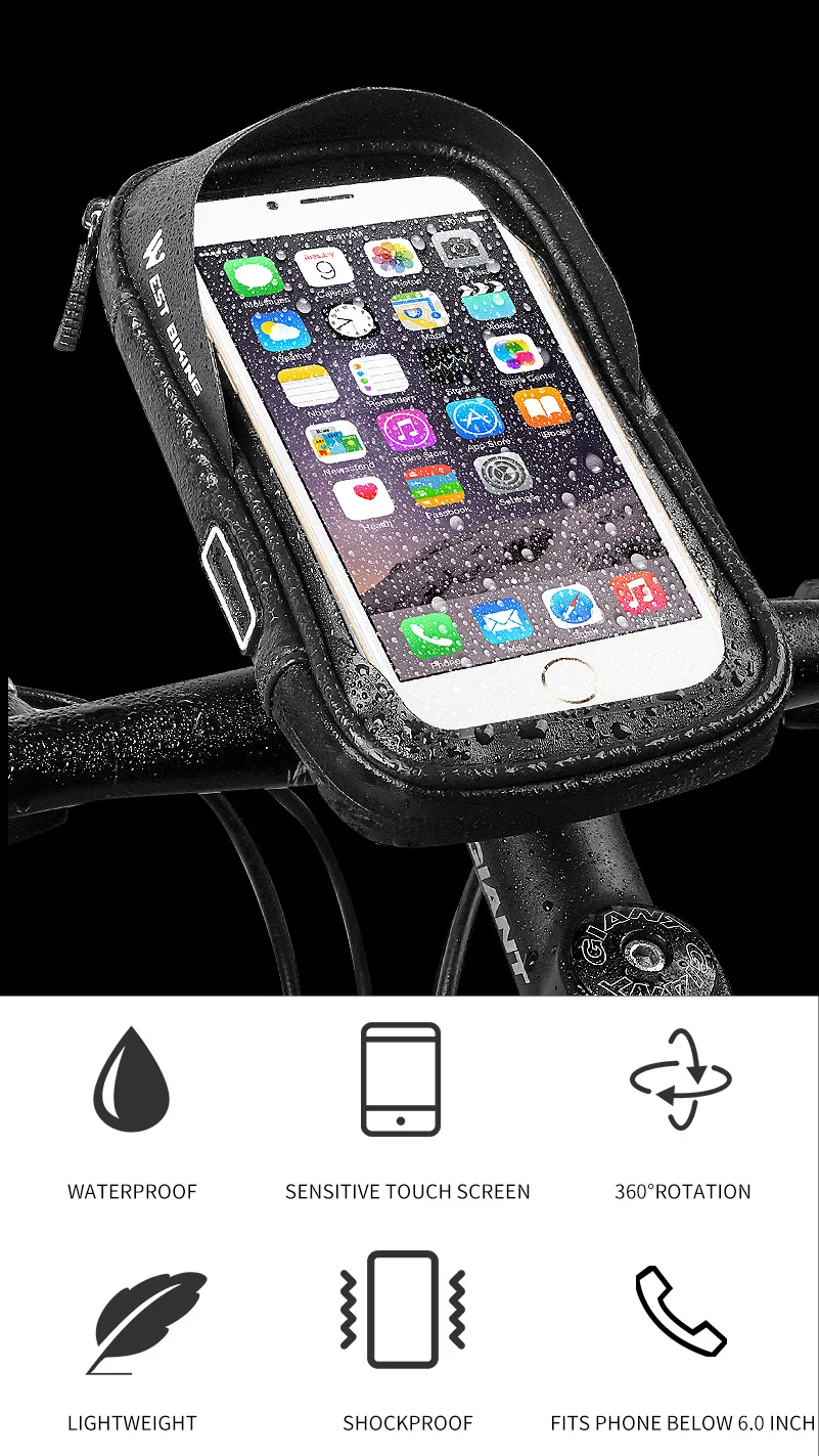 WEST BIKING, водонепроницаемая велосипедная сумка, сумка для мобильного телефона, сумка для велоспорта, 6,0 дюймов, сенсорный экран, для мотоцикла, MTB, для велосипеда, крепление для iPhone, samsung