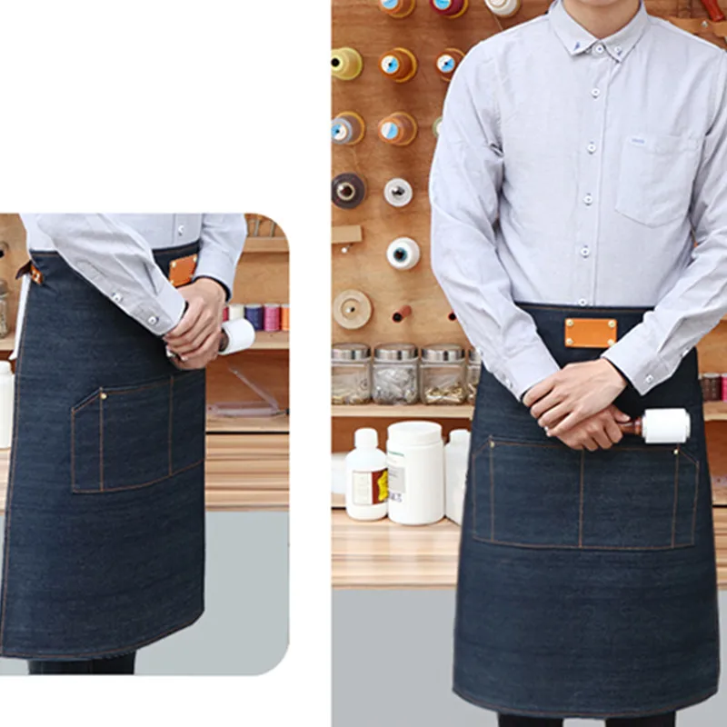 Синий джинсовый фартук средней длины кожаные ремешки Парикмахерская бариста