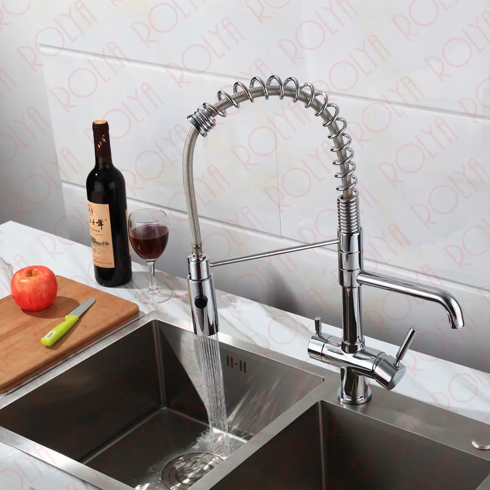 VOURUNA кухонный кран для чистой воды с распылителем Gooseneck Pull вниз смеситель для раковины твердая латунь 3 способа Воды Фильтр Краны