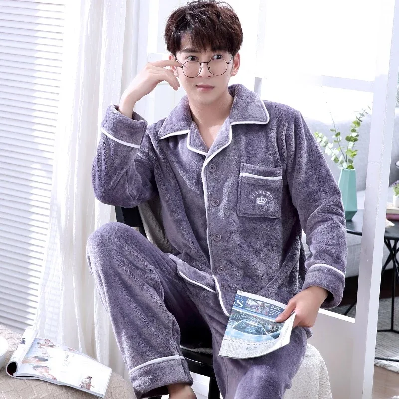 

New Coral Fleece Men Pajamas Set Flannel Pijama Men Plus Size Pajamas Man Homewear Sleep Lounge Nightgowns
