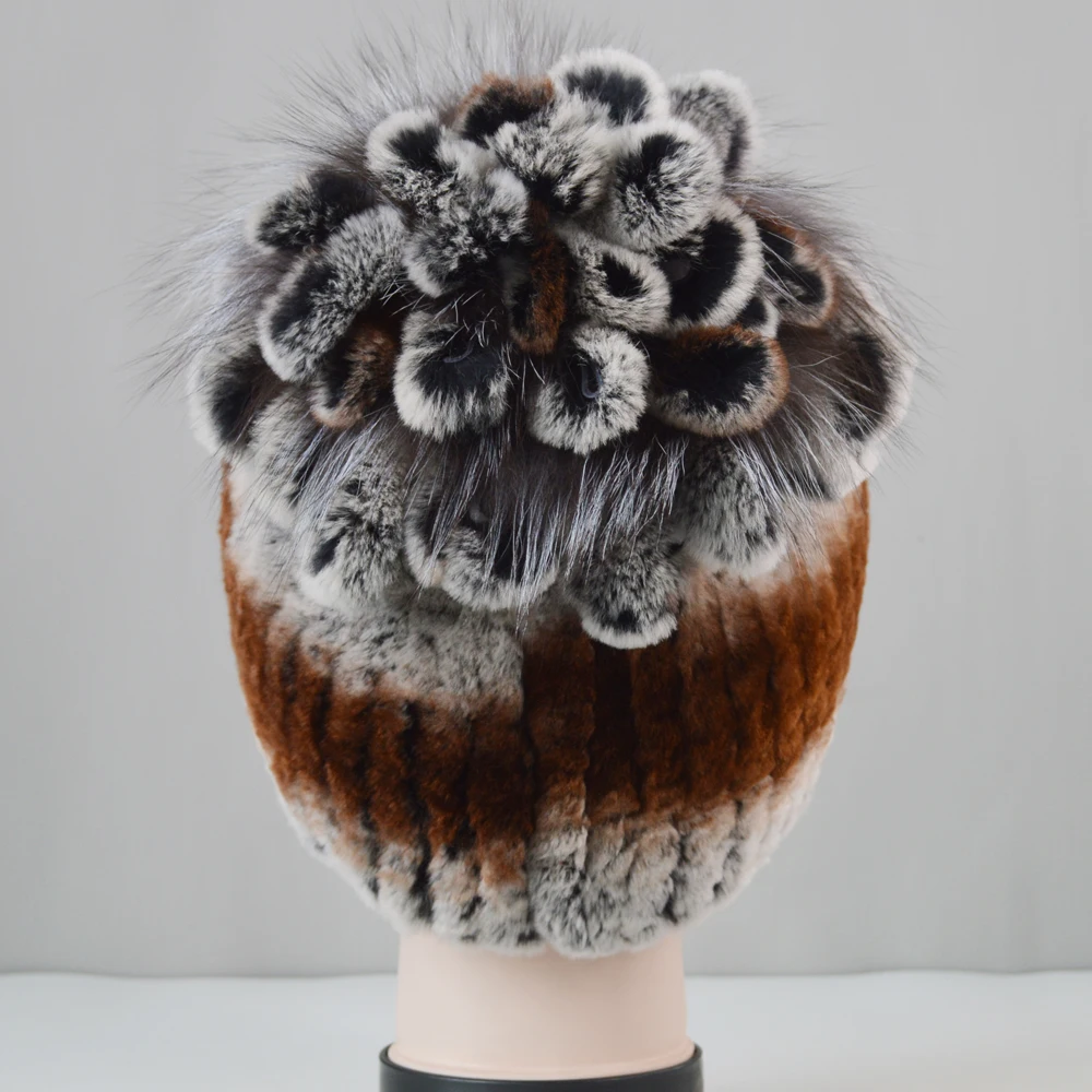 Женские 100% настоящий мех кролика шапка из меха лисы цветок с мехом шапочки Новая
