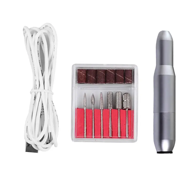 

USB Electric Manicure Nail Drill Tools Low Noise With 6 Grinding Heads + 6 Drill Bits