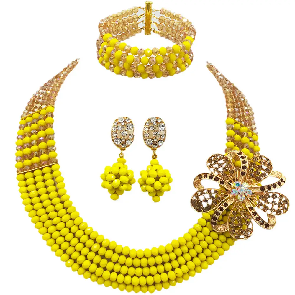 

Модное Золотое AB Непрозрачное желтое ожерелье из бисера нигерийские Свадебные африканские бусы Набор украшений для женщин 5L-SXJB13