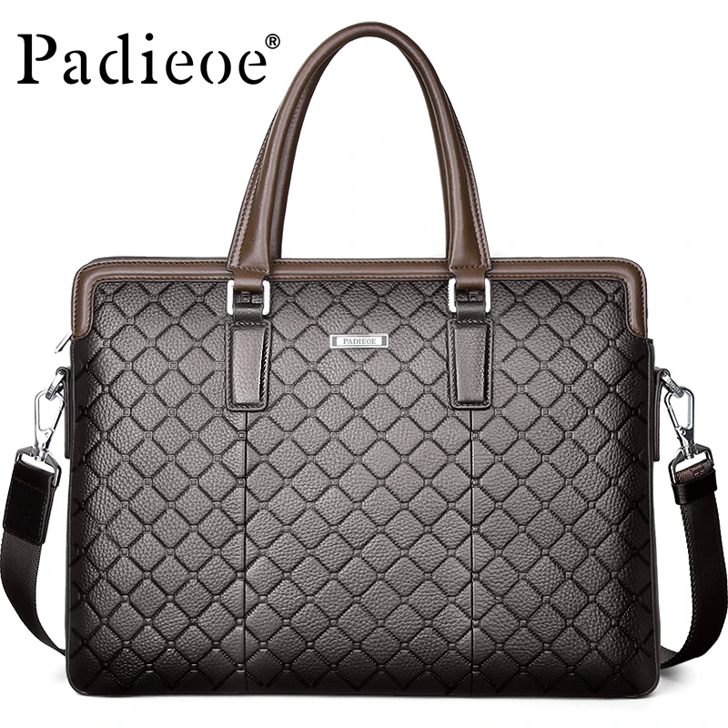 

Padieoe Men's Leather Bag 14 Inch Laptop Handbag Brand Luxury Genuine Leather Briefcase for Documents Cow Skin Messenger Bags