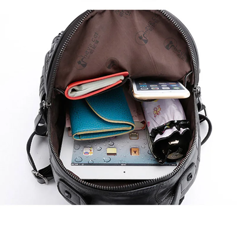 Модный Цветной черный женский рюкзак из натуральной овечьей кожи с заклепками и