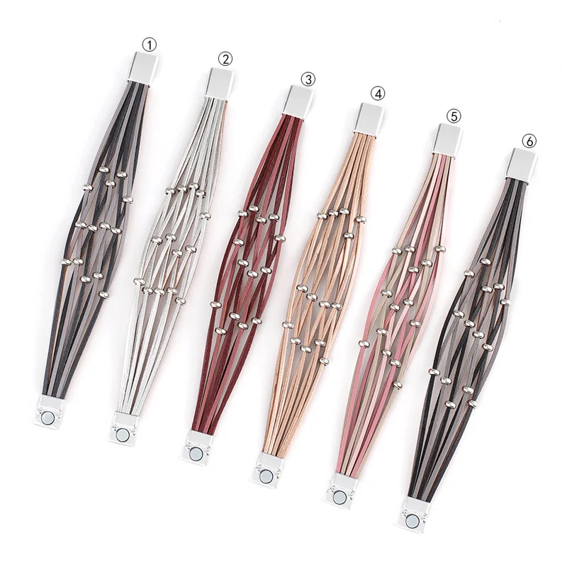 

Metal Beads Magnet Leather Bracelets for Women 2019 Fashion Slim Strips Boho Multilayer Wide Wrap Bracelet Femme Jewelry