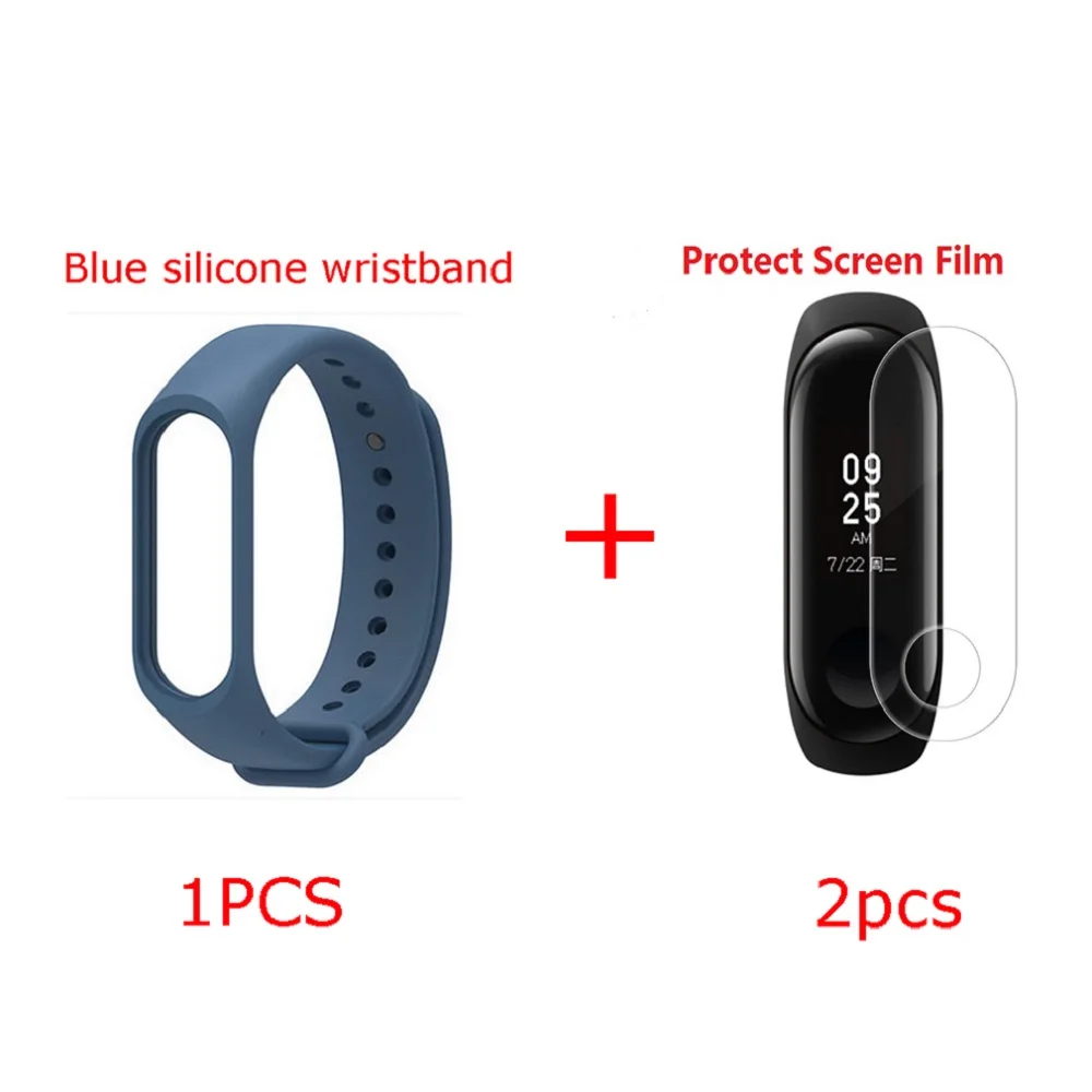 Blue strap N Film x2 Ремешок для Xiaomi mi Band 3 и 4 mi Band 3 модный ремешок для замены многоцветного ремешка с бесплатной пленкой спортивный ремешок из нержавеющей стали для mi band 3 и 4 - Цвет: Blue strap N Film x2