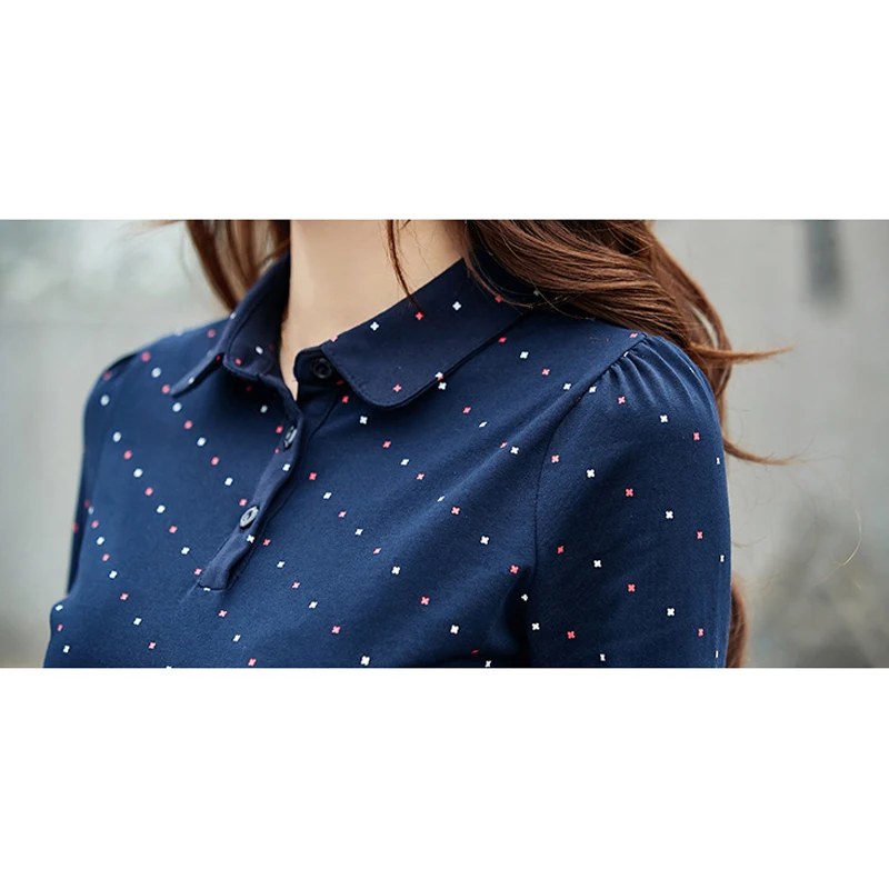 Женская Винтажная футболка в горошек с длинным рукавом и отложным воротником