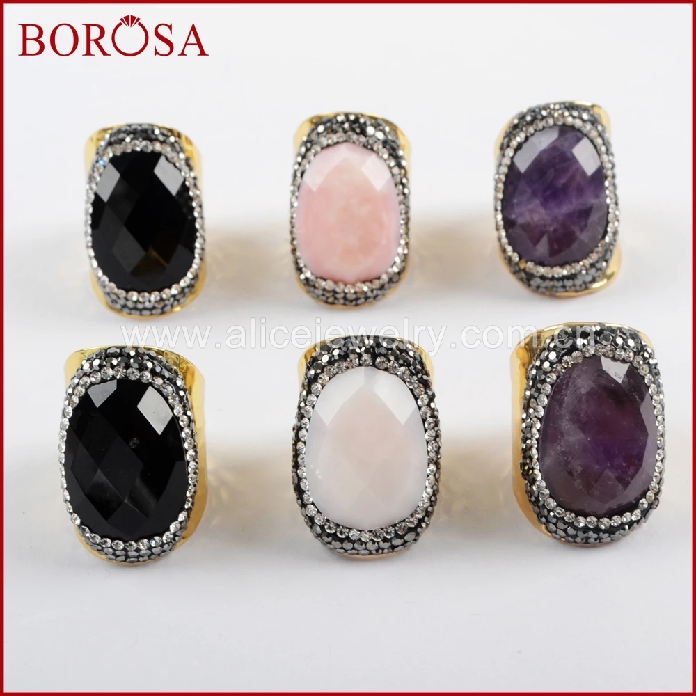 

BOROSA 5/10PCS Fashion Rhinestone Pave Natural Multi-kind Facted Stones Ring Amethysts Pink Opal Druzy Rings Jewelry JAB937