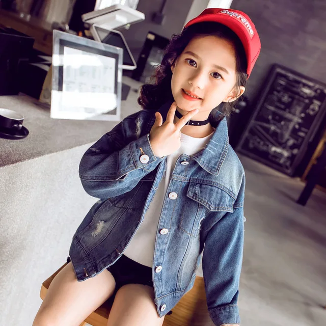 Rlyaeiz High Quality Fashion Hole Girls Denim Jacket 2019 Spring Cowboy Jackets Letter Printed Kids Short For 4-13Y | Детская одежда и