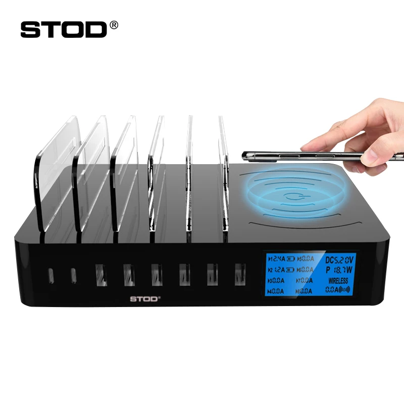 STOD Smart USB зарядное устройство Qi Беспроводная зарядка 50 Вт ЖК-дисплей Настольный держатель для iPhone X Samsung Huawei Mi 9 адаптер переменного тока