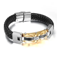 hot sale high quality double color titanium steel with black carbon fiber genuine leather bracelets for men