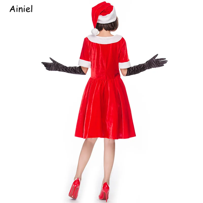 

Christmas Dresses Santa Claus Hat Ladies Gloves Female Red Clothing Beanies Cap Short Sleeve Party Evening Cosplay Costumes