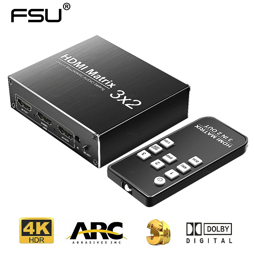 

4K HDMI Matrix 60Hz HDR Ultra HD 3X2 ARC Matrix Switcher Switch R/L+ARC 3 In 2 Out with IR Remote HDCP1.4 for TV PS3 PS4 XBOX