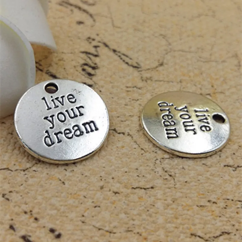 

19mm 50pcs/lot Wholesale Anti-silver English letter "Live your dream" charm beads, DIY alloy parts carved letter charm pendants