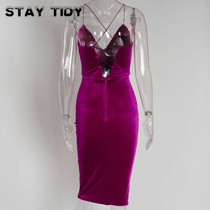 STAY TIDY Solid Velvet Spaghetti Strap Bodycon Women Dress V-Neck Backless Lace Up Cross Zipper Party Club New 2019 Summer | Женская