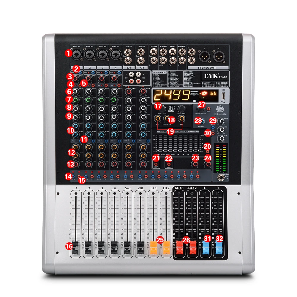 EYK EC80 8-канальная(4 подойдет как для повседневной носки, так, 2 стерео) звукомикшер с 9 полосным эквалайзером 99DSP двойной эффект, включающим в себя гарнитуру блютус и флеш-накопитель USB 2 AUX 2 Запись rca-входы