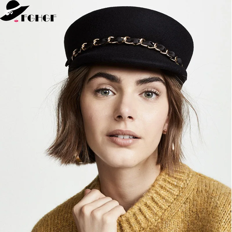 

Promotions New Trendy Wool Felt Cap with Chain Around Winter Women Beret Hat Black Gray Visor Military Hat Newsboy Cap Ladies