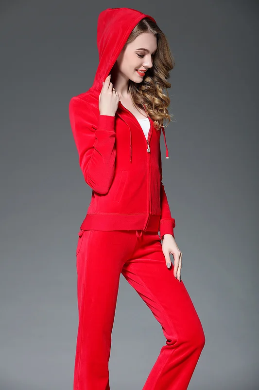 Spring Women Sporting Suits Red Black Slim pleuche Letter Casual Tracksuits Hooded Collar Sportswear suit