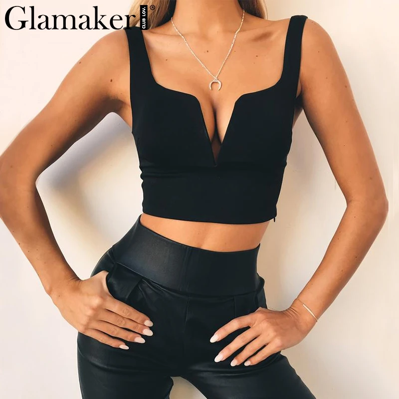 Женский короткий топ на бретельках Glamaker черный пикантный с глубоким v образным