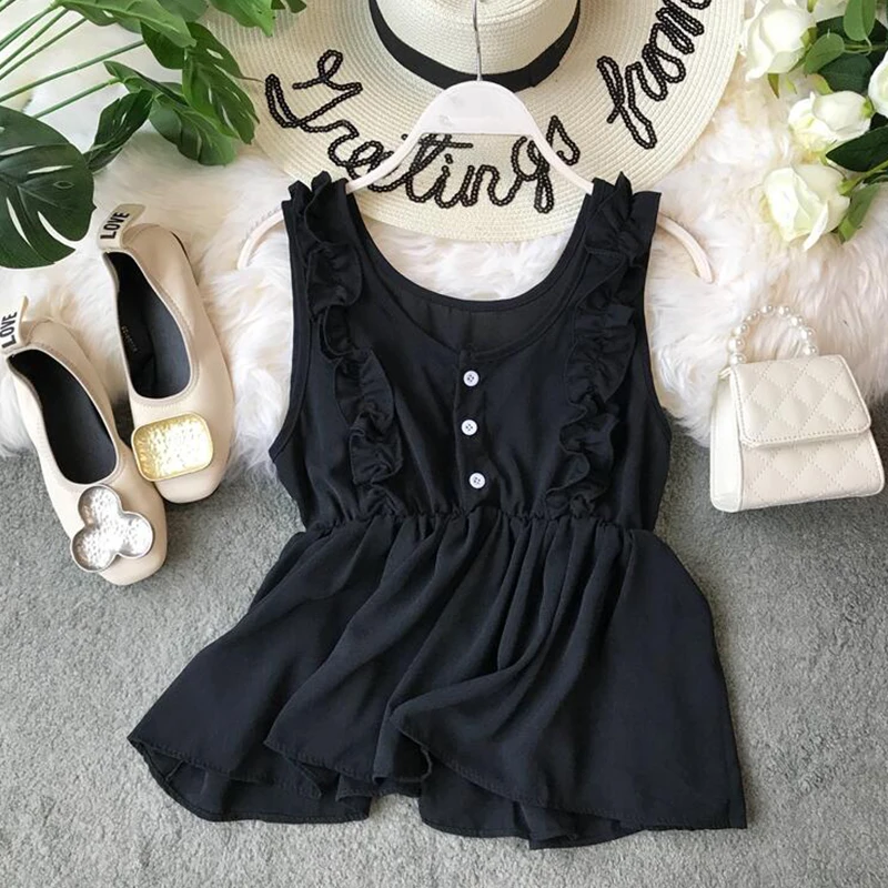 2019 Chiffon vest summer Fashion Leisure loose Shirts sleeveless Elastic waist Round neck Elegant Blouse aa992 | Женская одежда