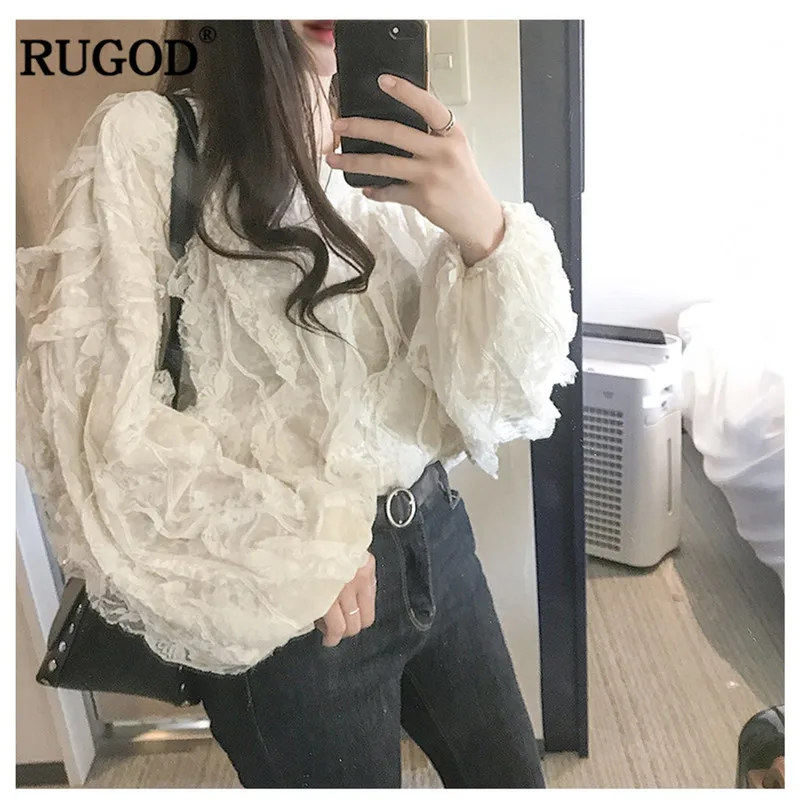 RUGOD элегантные кружевные лоскутные футболки для женщин со складками белая