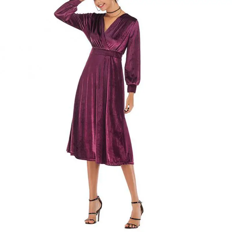 2019 Spring Autumn Fashion V Neck Hihg Waist 3 Solid Color S-xl Velvet Women Mid Dress Jl-bfz001 | Женская одежда