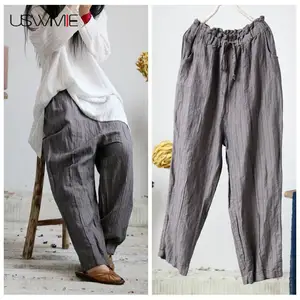 USWMIE 2020 летние брюки женские винтажные Джокер льняные эластичные однотонные удобные серые широкие брюки с карманами
