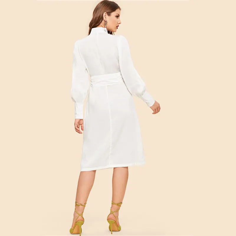 SHEIN Платье С Поясом И Оригинальным Рукавом Женское Весеннее Белое Классическое Платье С Длинными Рукавами И Стоячим Воротником