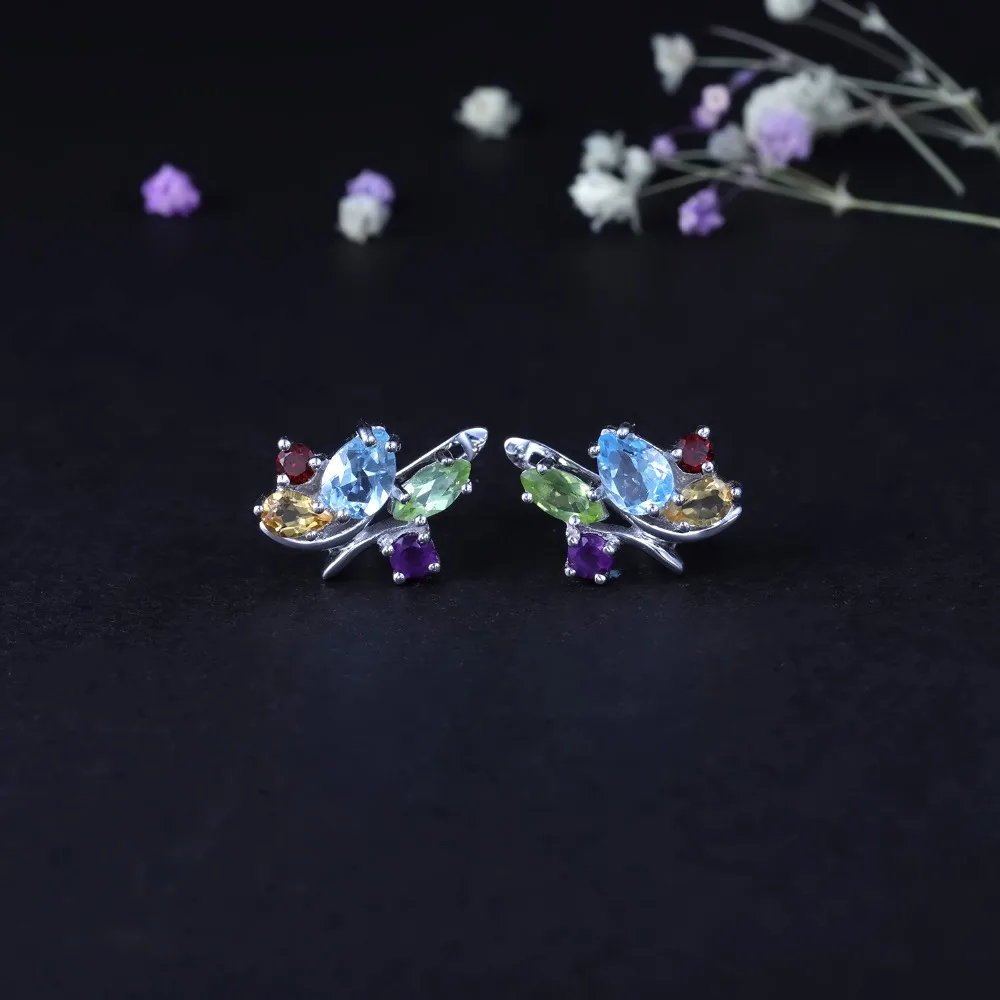 GEM'S BALLET Многоцветный натуральный гранат аметист драгоценный камень топаз кольцо серьги набор 925 пробы Серебряные Ювелирные наборы для женщин