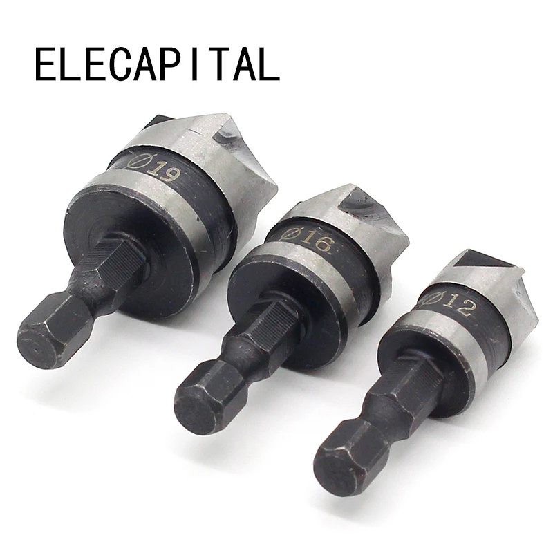 

3Pcs/set New 90 Degree 1/4 Hex Shank Drill Bit 5 Flute 12-19mm Woodworking Chamfer Counter Sink Chamfering Debur Countersink
