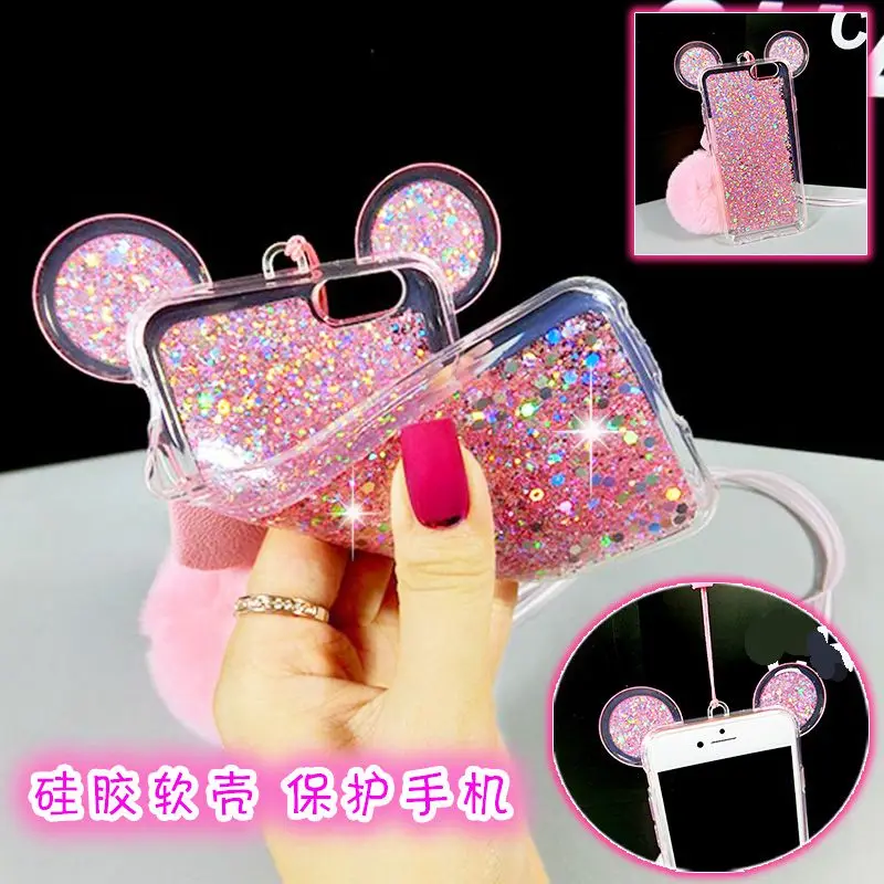 For iphone 6 6s 7 plus 6+ Korea Glitter Flake Soft Bow Pompom Fur Ball Lanyard Strap diamond Rhinestones case cover |