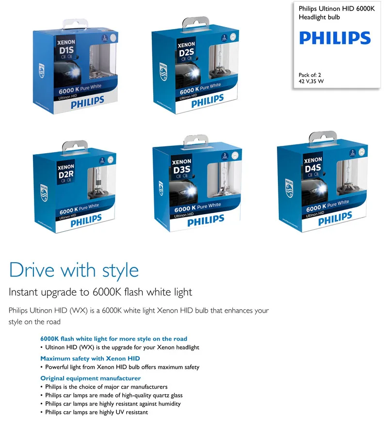 Philips Ultinon HID Xenon D1S D2S D2R D3S D4S WXX2 35W 6000K холодный белый светильник ксеноновый головной светильник автомобильные лампы(двойная упаковка