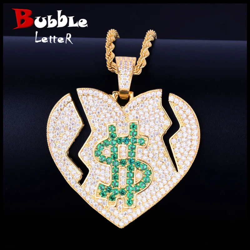 Iced Out Broken Heart Dollar Symbol Love Pendant Necklace With Tennis Chain AAA Cubic Zircon Men's Women Hip hop Rock Jewelry
