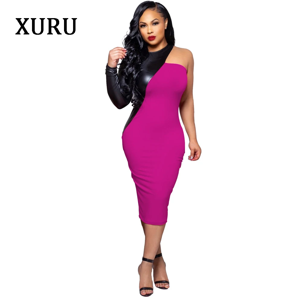 

XURU 2020 new PU leather stitching long-sleeved dress sexy women's XL dress club party dress