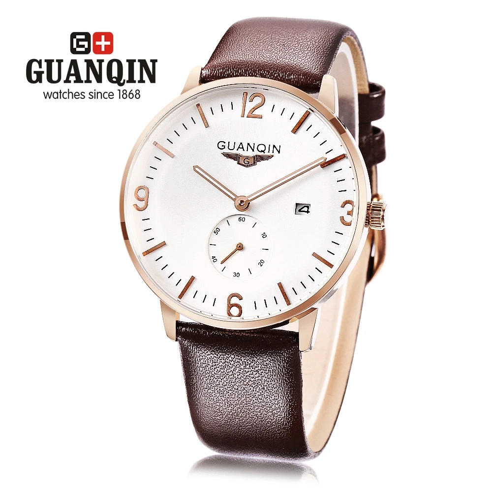 GUANQIN GQ13007 Мужские кварцевые часы Секундомер Календарь светящийся кожаный ремешок