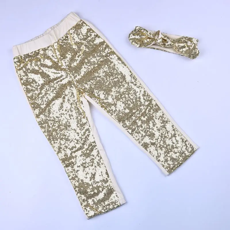Золотистые штаны с пайетками для маленьких девочек повязка на голову в комплекте