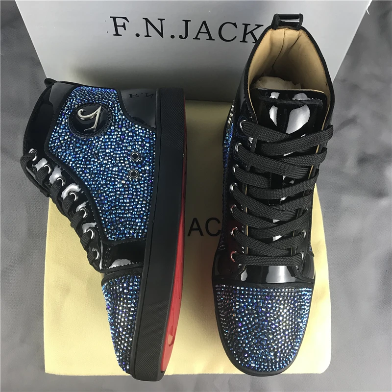 FNJACK Fashion Multi Strass Swarovski Suede Leather Sneaker Hi-top Flat Shoes Trainers red bottom | Обувь