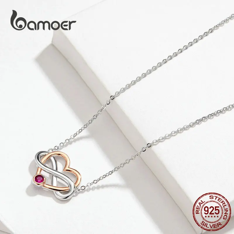 bamoer Infinity Love Silver Necklaces for Women Rose Gold Color Biocolor Heart Short Necklace Gifts for Girlfriend BSN071