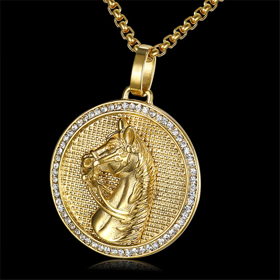 

Jockey Club Pendant Gold Color Stainless Steel Horse Head Men Necklace Iced Out Rhinestones Hip Hop Unisex Jewelry