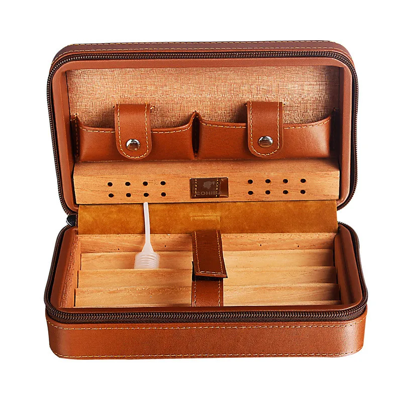 Cedar&leather cigar humidors black/brown minisize 4 Pack portable cigar case Handmade cigar box