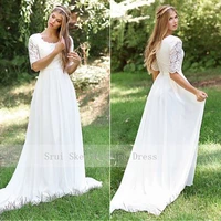 classic o neck cheap lace wedding dress chiffon skirt design half sleeve custom made zipper back bridal dresses 2019 hot