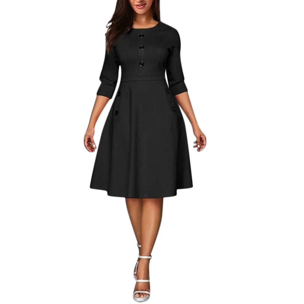 Summer Lady seven-point Sleeves Retro Solid Color Button O-neck A Line Dress Large Size Loose Casual Fashion Party Office | Женская