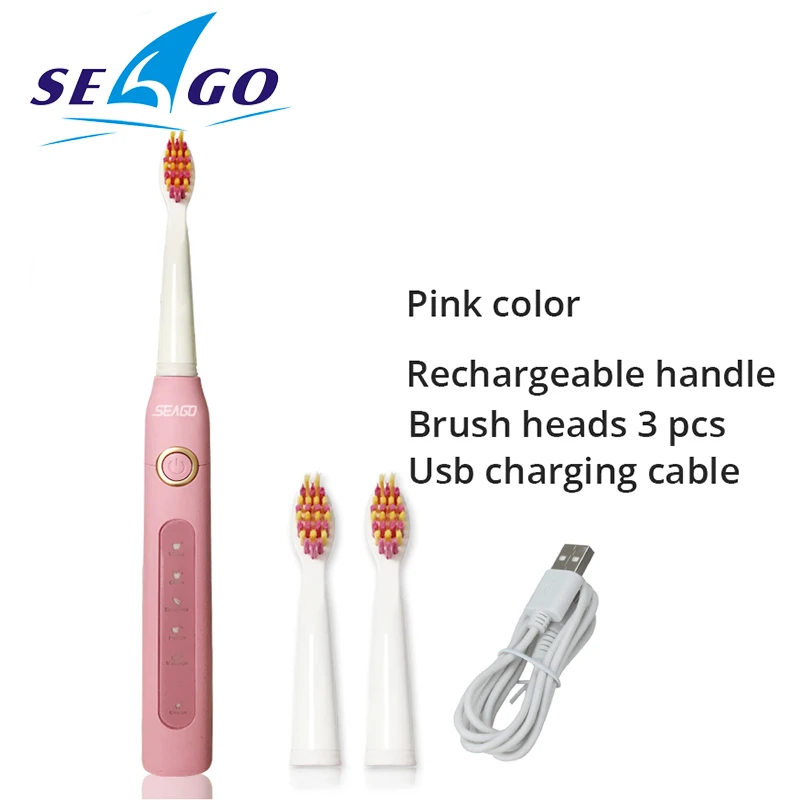 Pink Seago звуковая электрическая зубная щетка для взрослых с таймером, USB перезаряжаемая зубная щетка с 3 сменными головками - Цвет: Pink